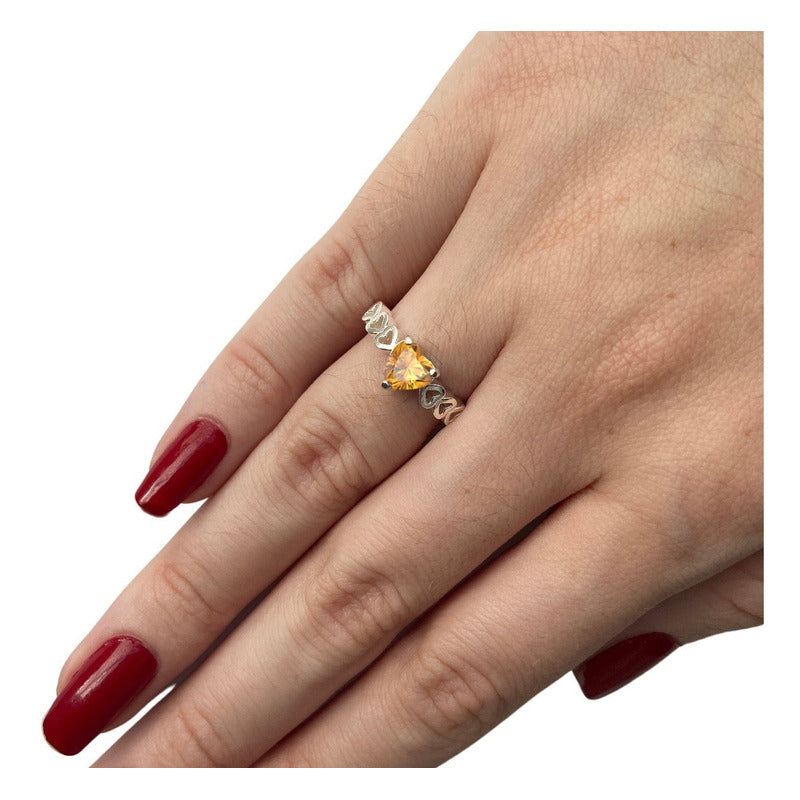 Anel Luxo Pura Prata 925 Citrino Coração - Exclusivo
