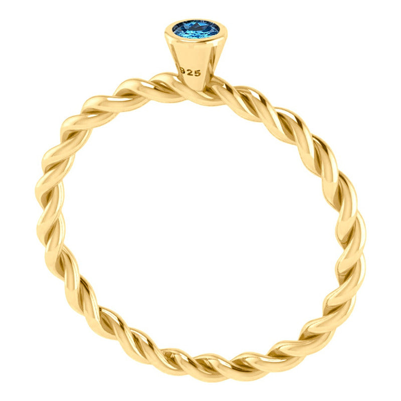 Anel Solitário Prata 925 Dourada 18k Torcido - Topázio Azul