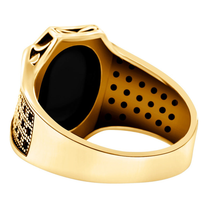 Anel Cabochão Prata 925 Dourada Ouro 18k- Black Ônix Natural