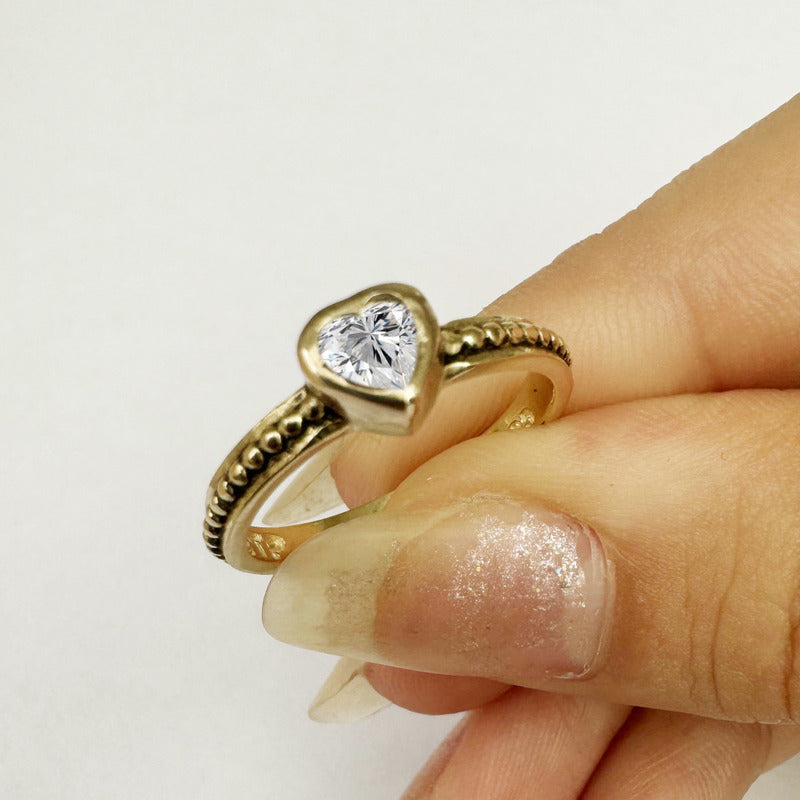 Anel Prata 925 Dourada 18k Solitário Coração - Zircônia
