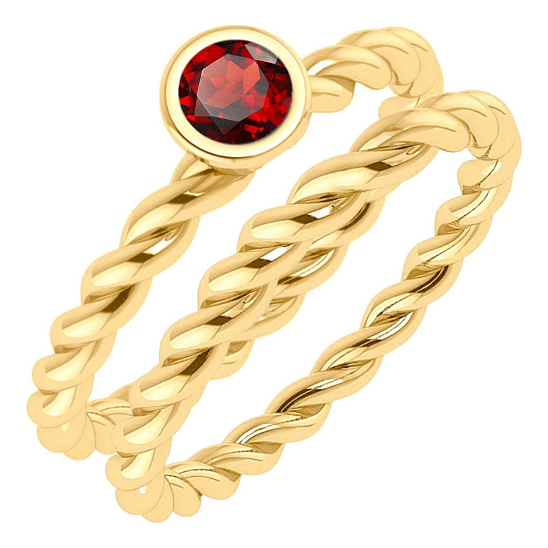 925 Silver 18k Gold Twisted Double Ring - Garnet