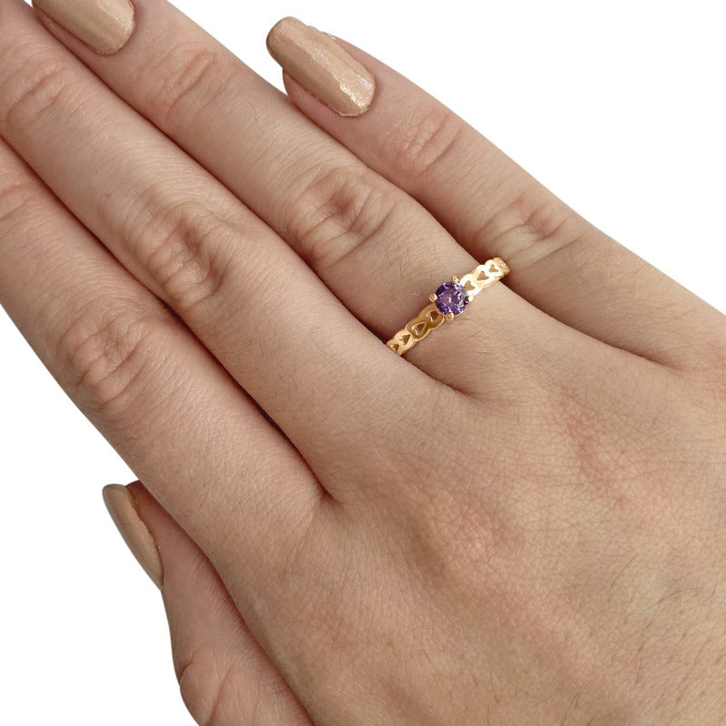 Anel Luxo Corações Prata 925 Dourada Ouro 18k - Ametista