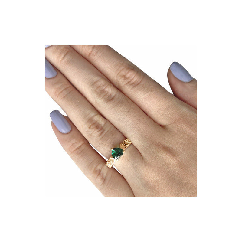 Anel Luxo Coração Prata 925 Dourada A Ouro 18k - Esmeralda