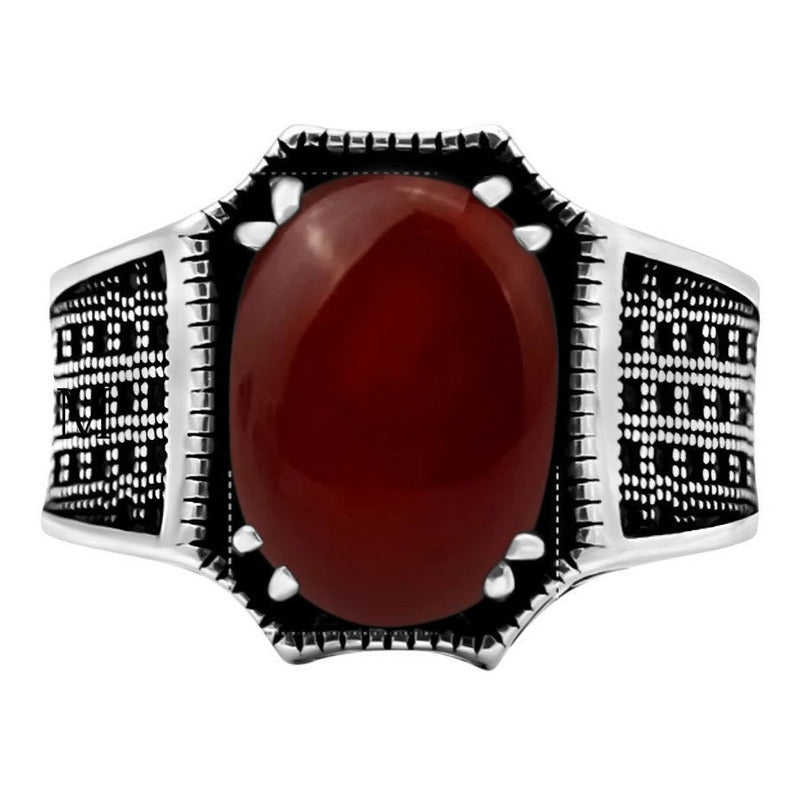 Anel Prata 925 Ágata Vermelha Natural Cabochão Exclusivo