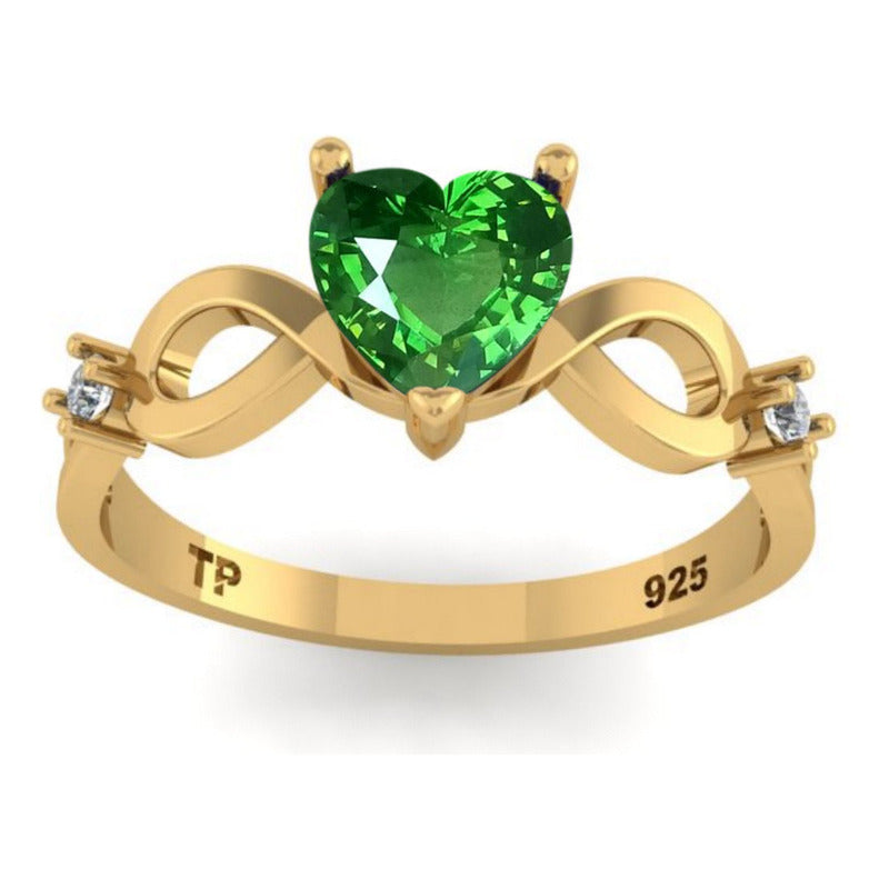 Anel Prata 925 Dourada 18k Infinito Amor Coração - Esmeralda