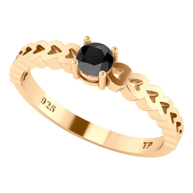 Anel Luxo Corações Prata 925 Dourada Ouro 18k Black Ônix