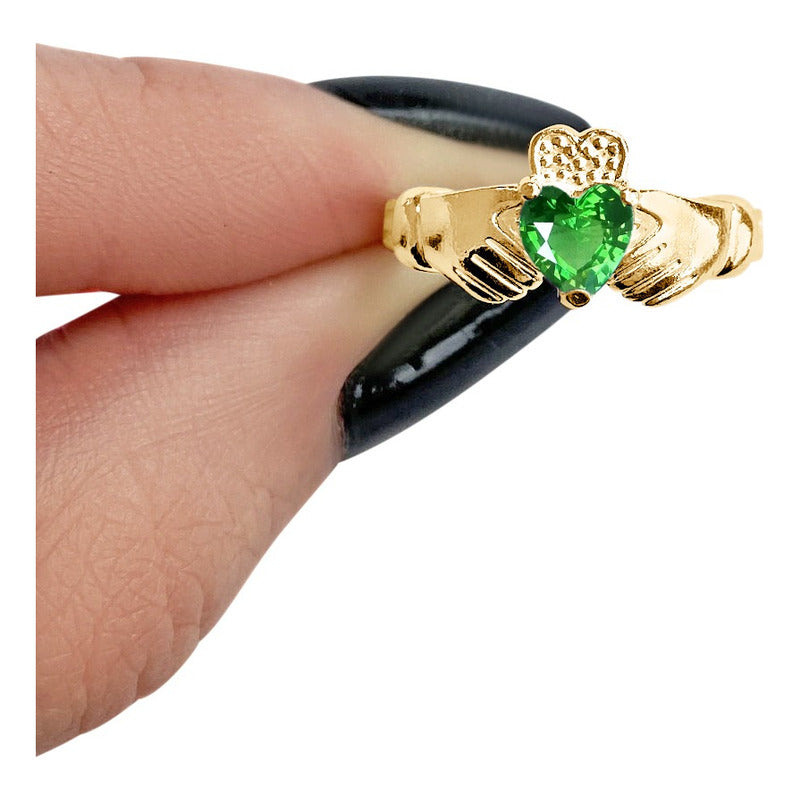 Anel Claddagh Irlandês Prata 925 Dourada 18k - Esmeralda