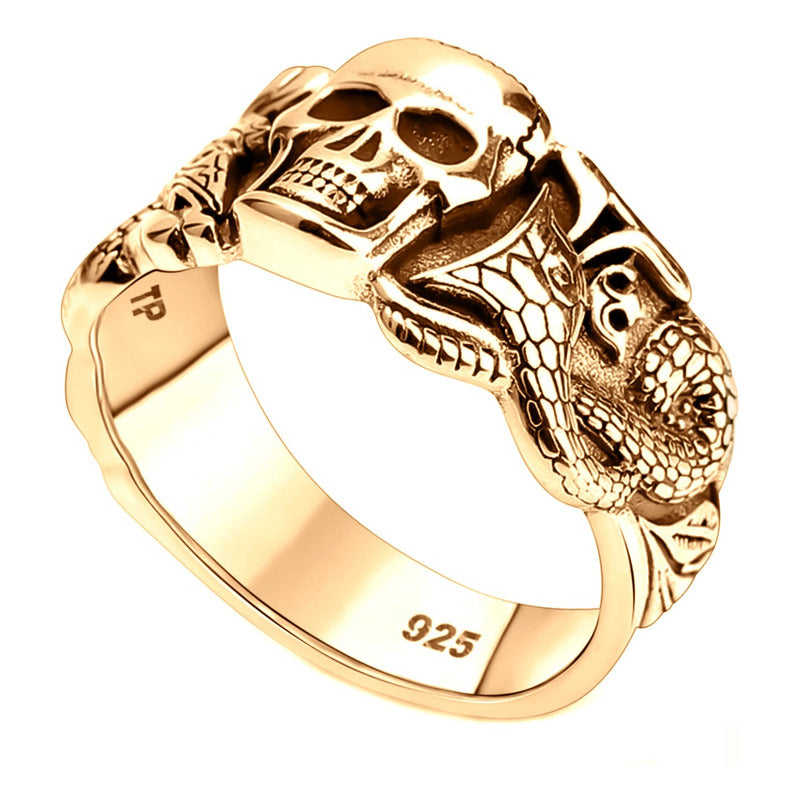 Anel Masculino Caveira Serpente Prata 925 Dourada Ouro 18k