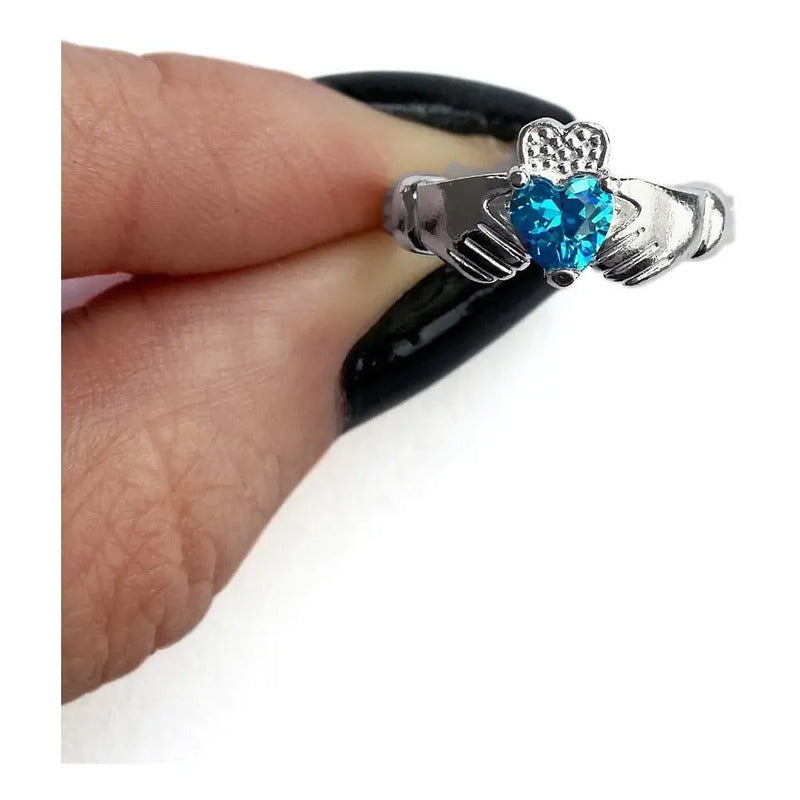 Anel De Prata 925 Claddagh Topázio Azul- Unissex