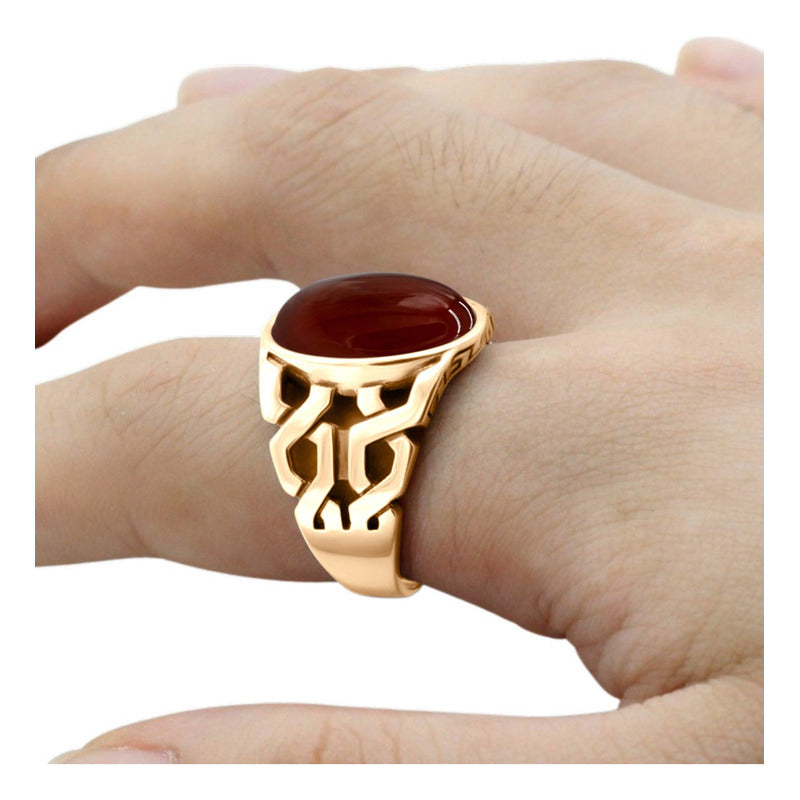 Anel Elos Oval Prata 925 Dourada Ouro 18k Ágata Vermelha
