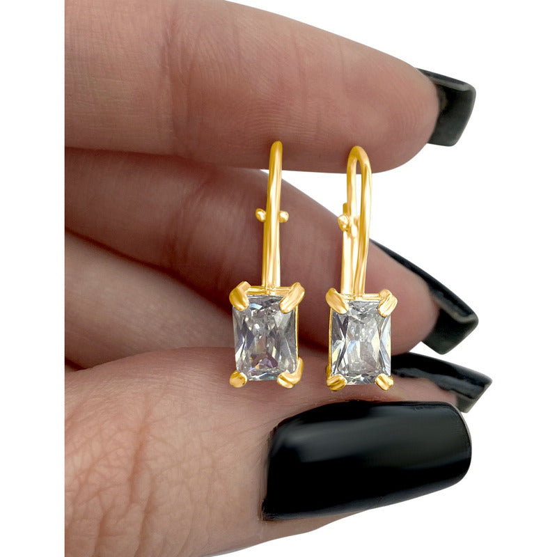 Brinco Trava Retangular Prata 925 Dourada Ouro 18k- Zircônia