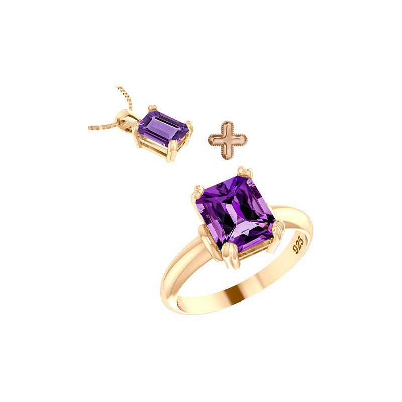 Kit Anel E Colar Vintage Prata 925 Dourada 18k - Ametista