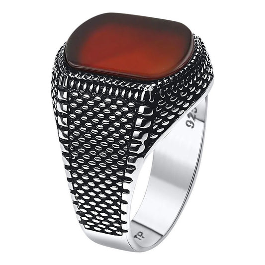 Anel Masculino Prata 925 Agata Vermelha Natural - Exclusivo
