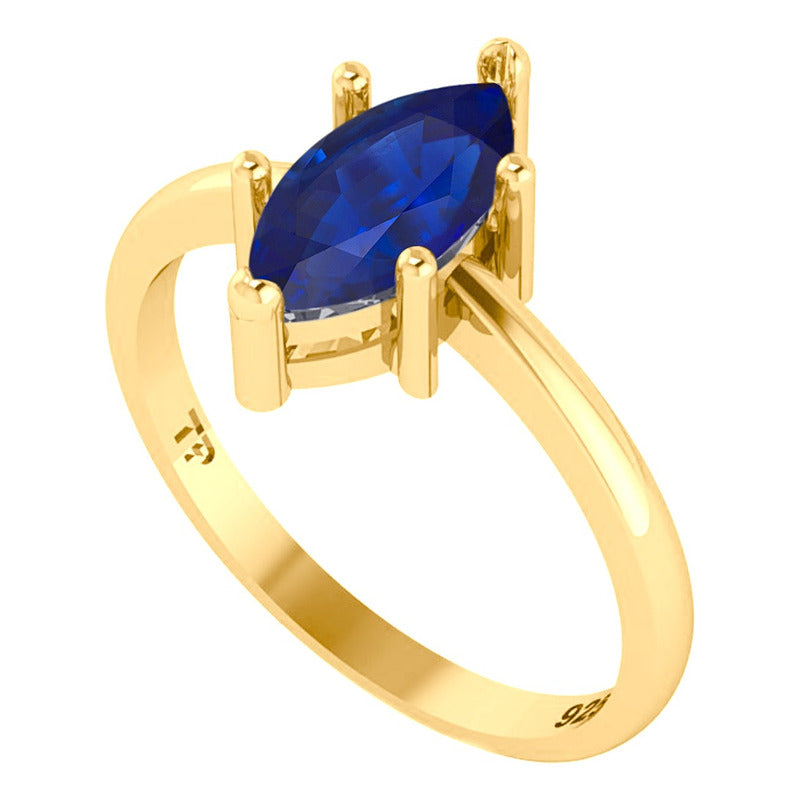 Anel Navete Prata 925 Dourada Ouro 18k - Safira