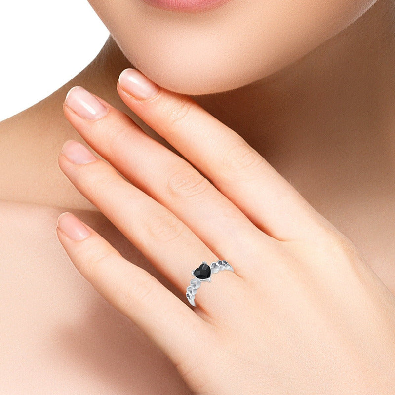 Anel Luxo Pura Prata 925 Black Onix Coração - Exclusivo