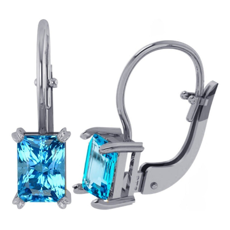 Brinco Trava Pura Prata 925 Azul Topaz Retangular- Exclusivo - Compre Joias Direto Da Fábrica E Economize Dinheiro