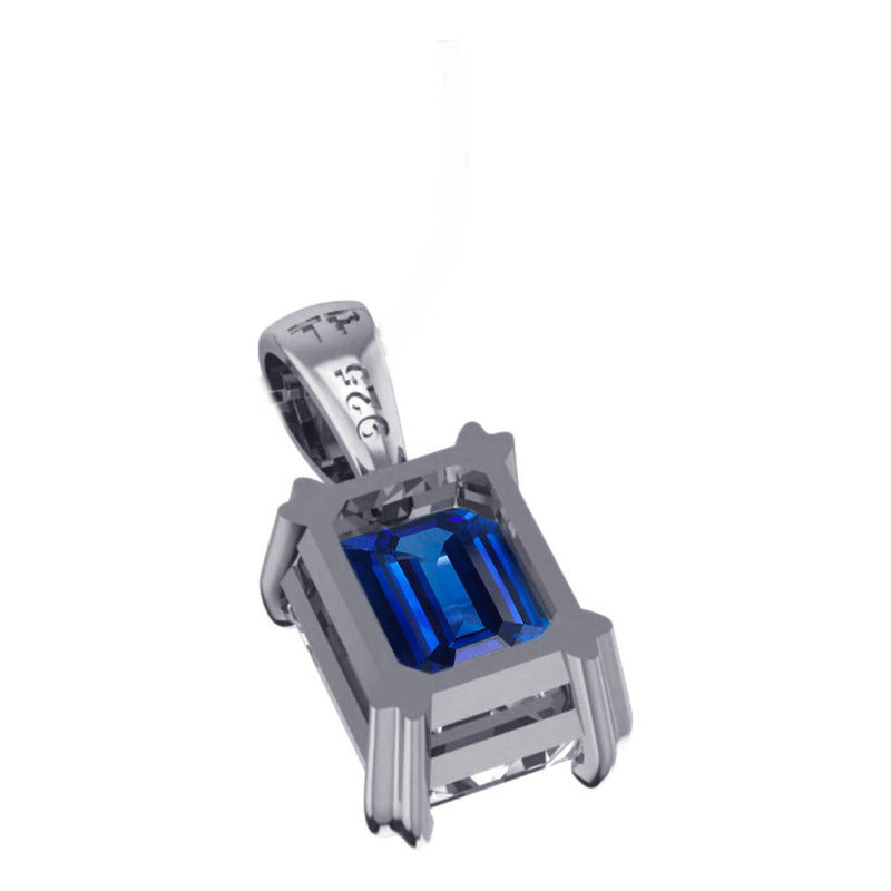 Pingente Prata 925 Retangular Safira Azul Unissex- Exclusivo