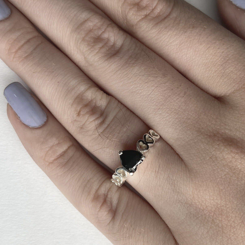 Anel Luxo Pura Prata 925 Black Onix Coração - Exclusivo