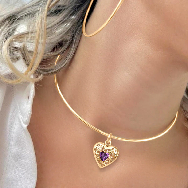 Colar Choker Coração Ametista Prata 925 Dourada 18k