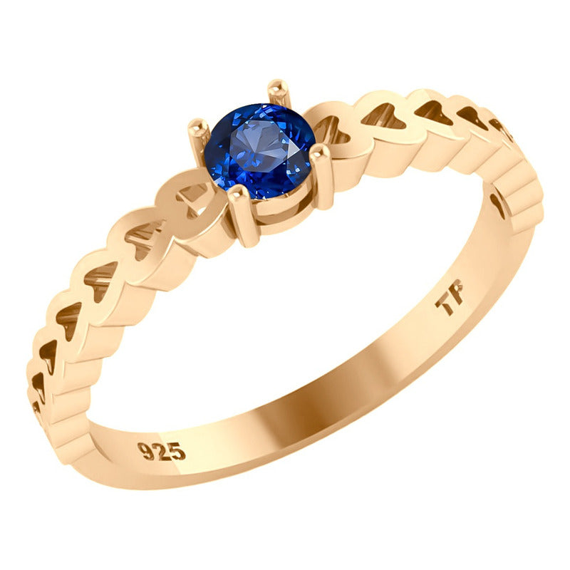 Anel Luxo Corações Prata 925 Dourada Ouro 18k Safira