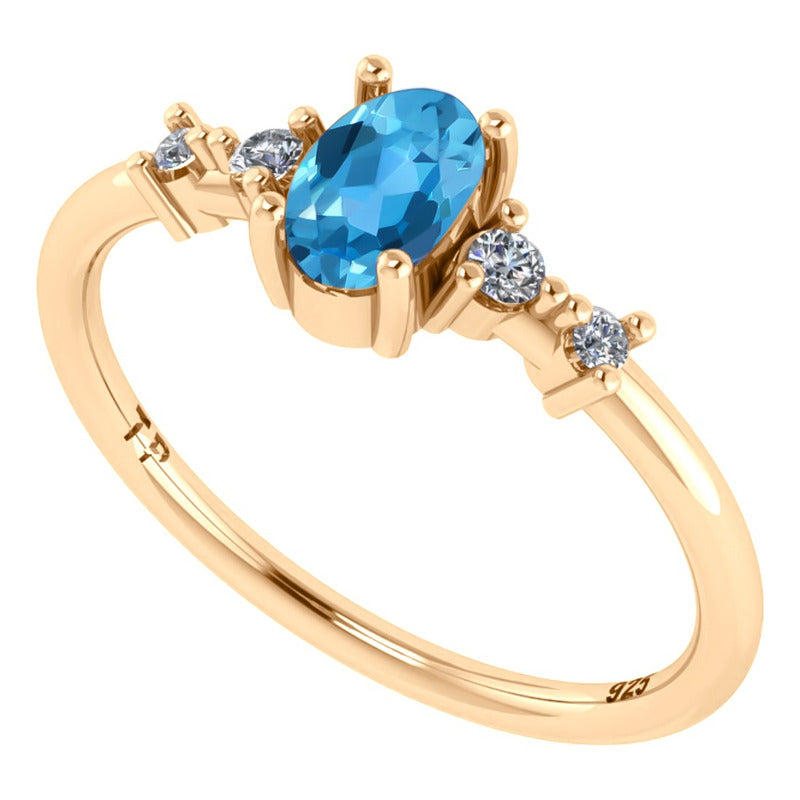 Anel London De Prata 925 Dourada Ouro 18k - Topázio Azul