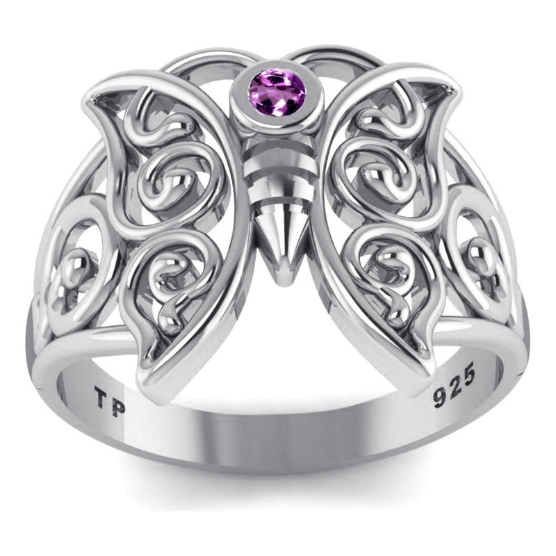 Anel Celta Borboleta Prata 925 Zirconia Roxa - Exclusivo
