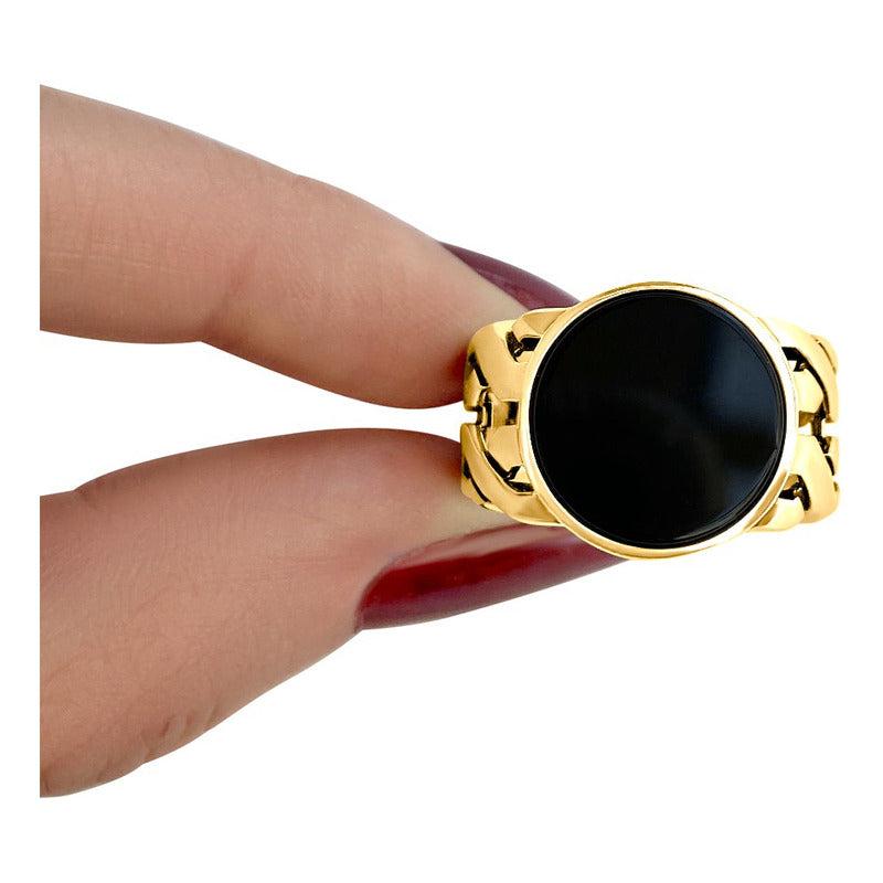 Anel Elos Redondo Prata 925 Dourada Ouro 18k - Black Onix