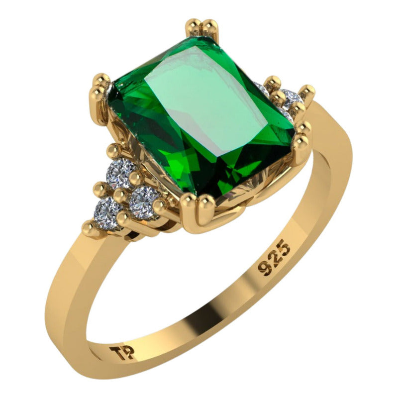 Anel Vintage Clássico Prata 925 Dourada Ouro 18k Esmeralda