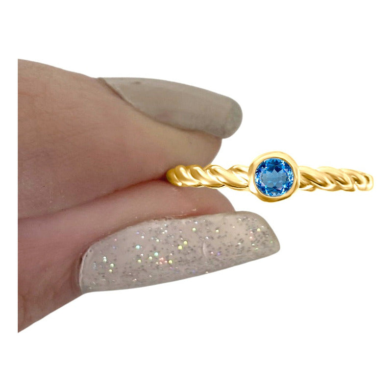 Anel Solitário Prata 925 Dourada 18k Torcido - Topázio Azul