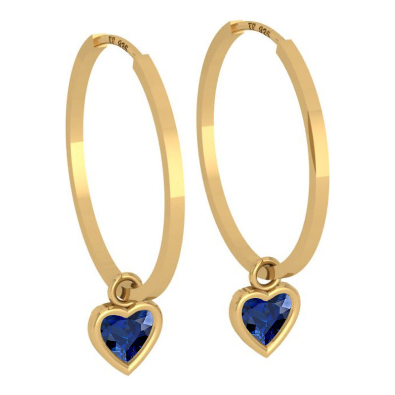 Brinco Argola Prata 925 Dourada 18k Pingente Safira Coração