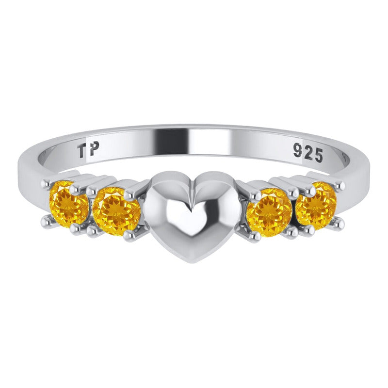 Solid Heart Ring In Pure 925 Silver - Citrine