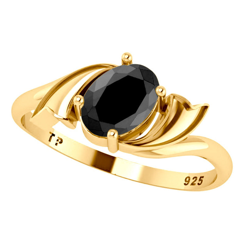 Anel Wings Prata 925 Dourada Ouro 18k - Black Ônix Oval