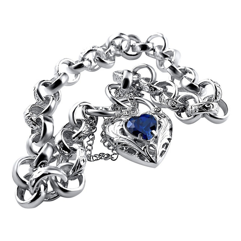 Pulseira Prata 925 Elo Português Safira Azul - Fecho Coração