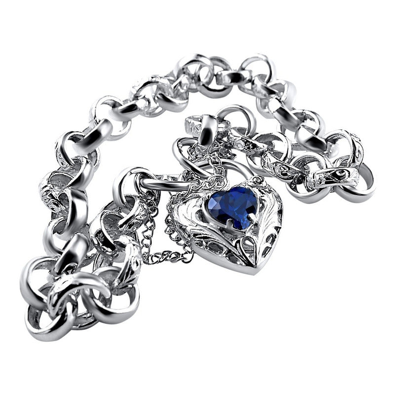 Pulseira Prata 925 Elo Português Safira Azul - Fecho Coração
