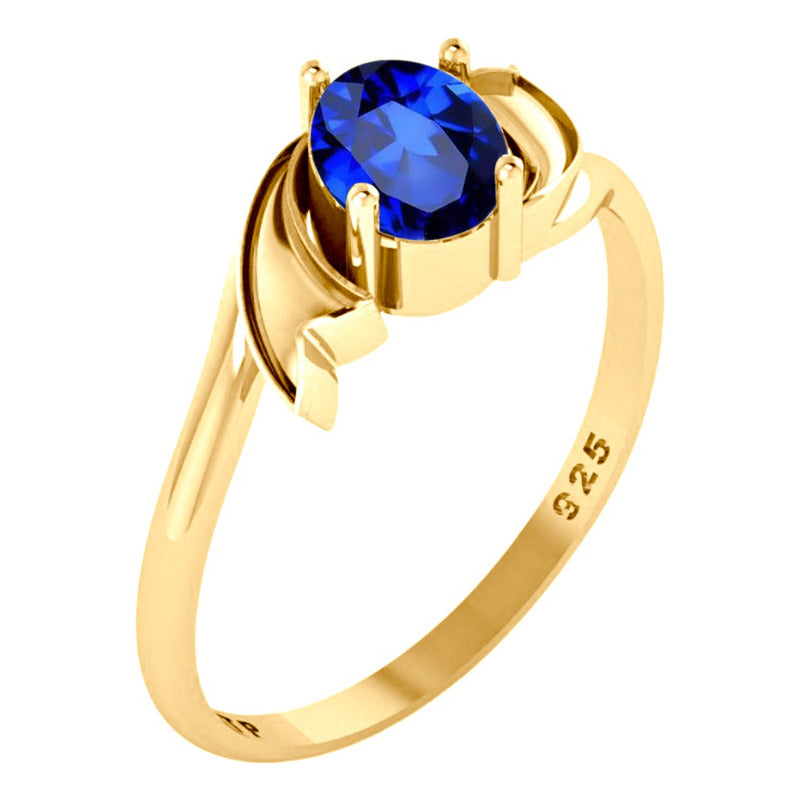 Anel Wings Prata 925 Dourada Ouro 18k - Safira Oval
