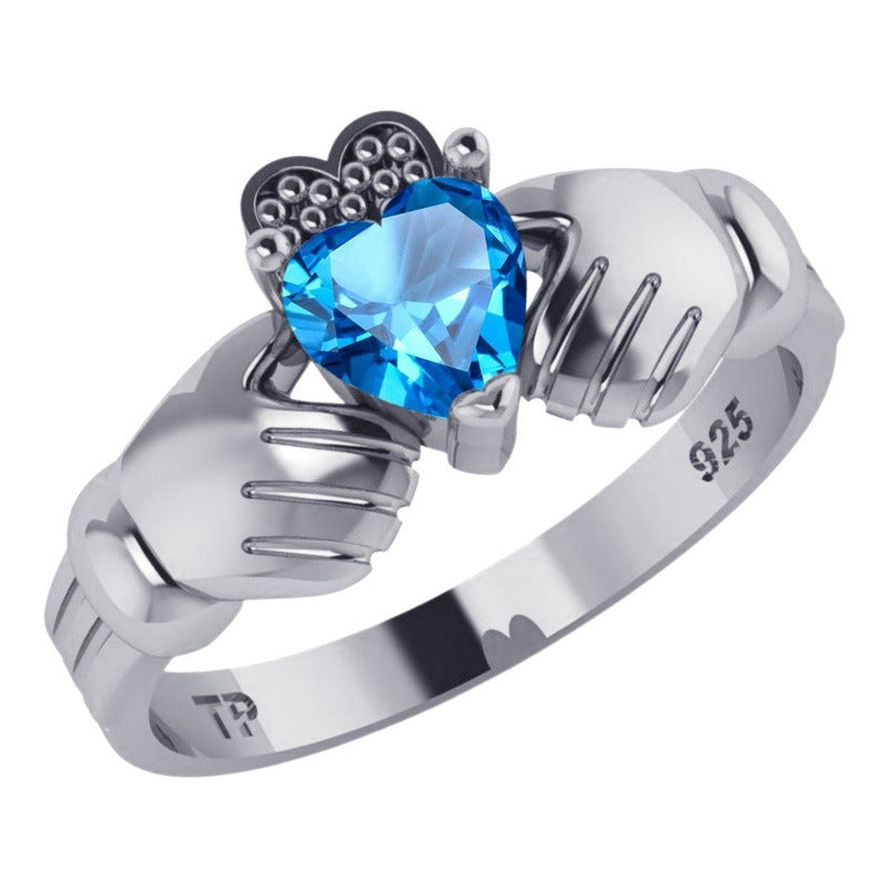 Anel De Prata 925 Claddagh Topázio Azul- Unissex