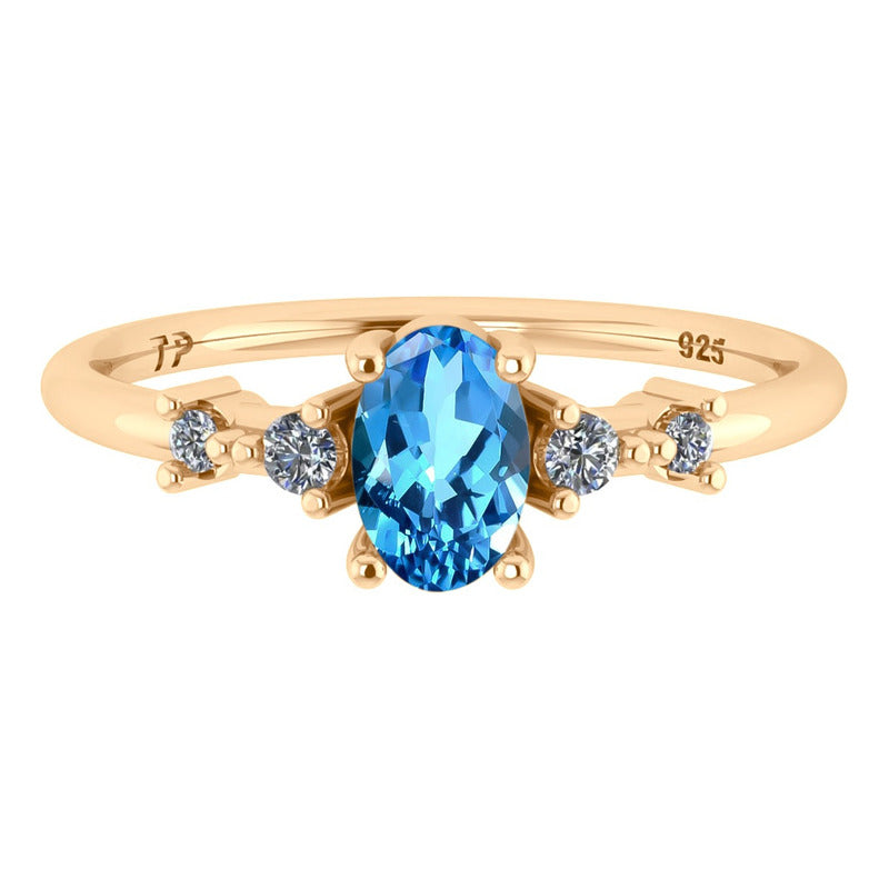 Anel London De Prata 925 Dourada Ouro 18k - Topázio Azul
