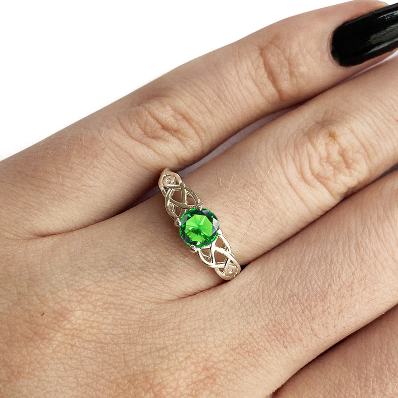 Anel Solitário Celta Knot Prata 925 Esmeralda - Exclusivo