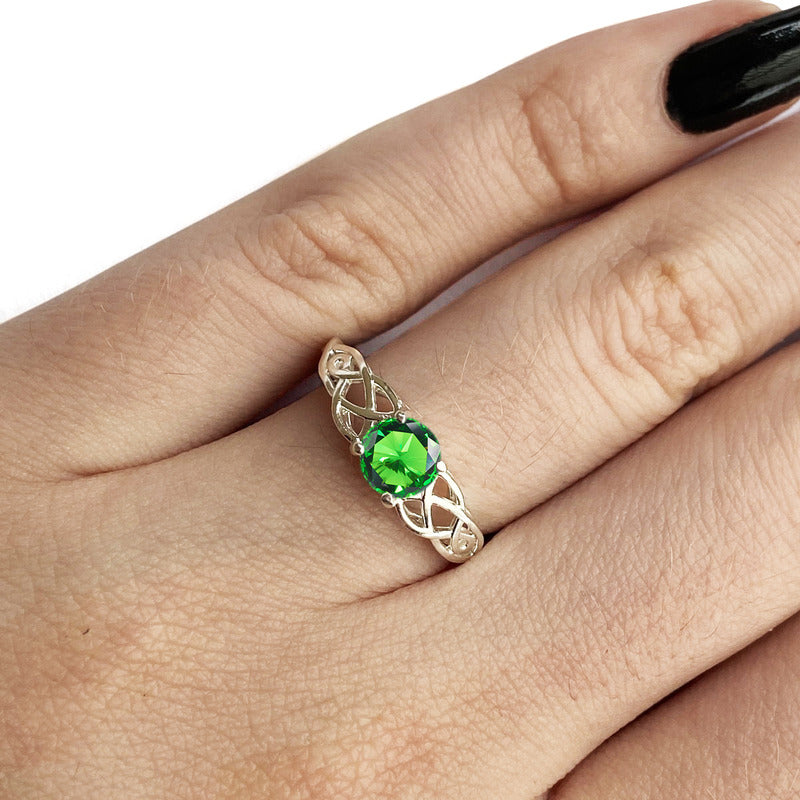 Anel Solitário Celta Knot Prata 925 Esmeralda - Exclusivo