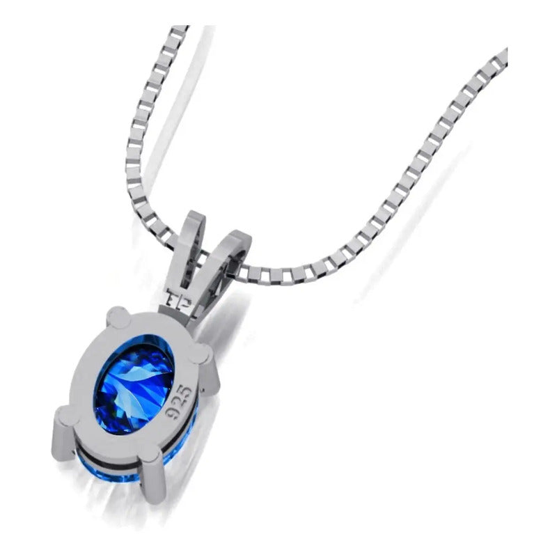 Colar Safira Prata 925 Oval 8x6mm E Veneziana - Exclusivo Azul