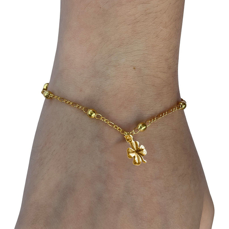 Pulseira Prata 925 Dourada 18k Trevo Da Sorte Bolinha 3mm