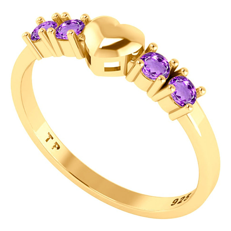 Anel Coração Prata 925 Banhado Ouro 18k Zirconia Roxa