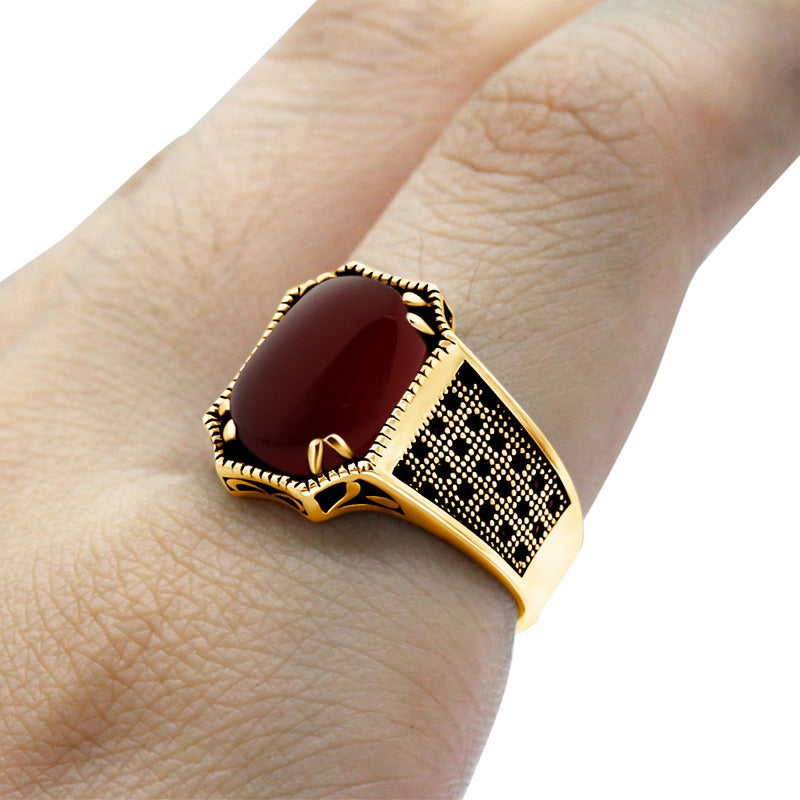 Anel Cabochão Prata 925 Dourada Ouro 18k - Ágata Vermelha