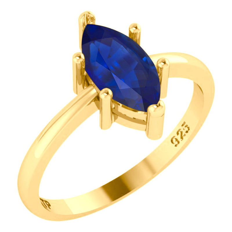 Anel Navete Prata 925 Dourada Ouro 18k - Safira