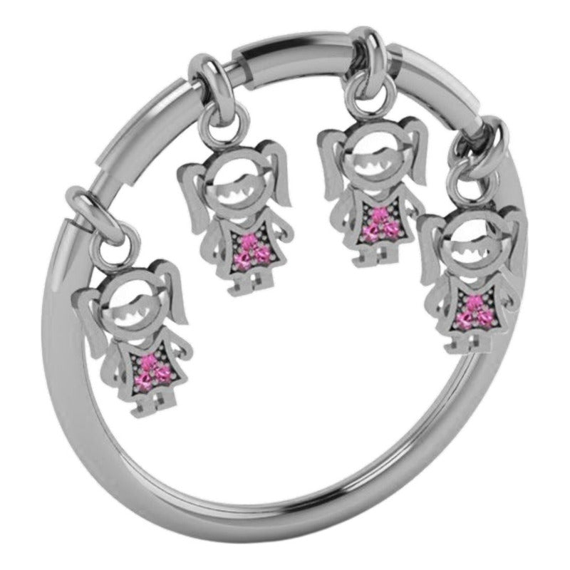Anel Prata 925 Família Pingentes Exclusivo : 4 Meninas