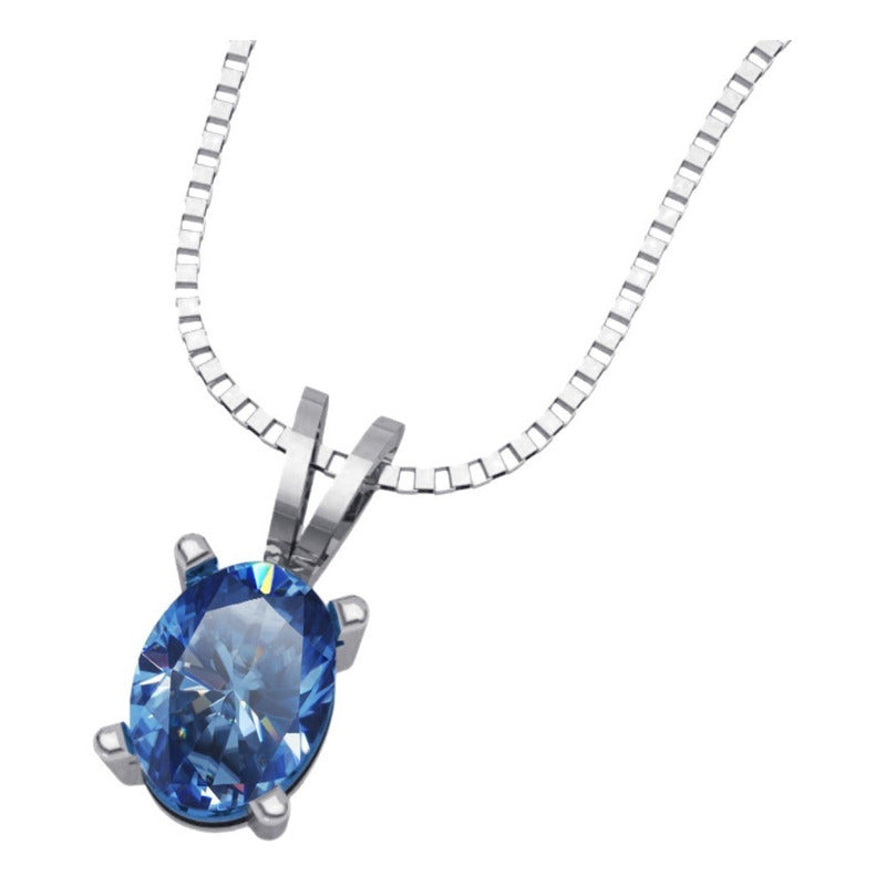 Colar Topázio Azul Prata 925 Oval 8x6mm- Corrente Veneziana