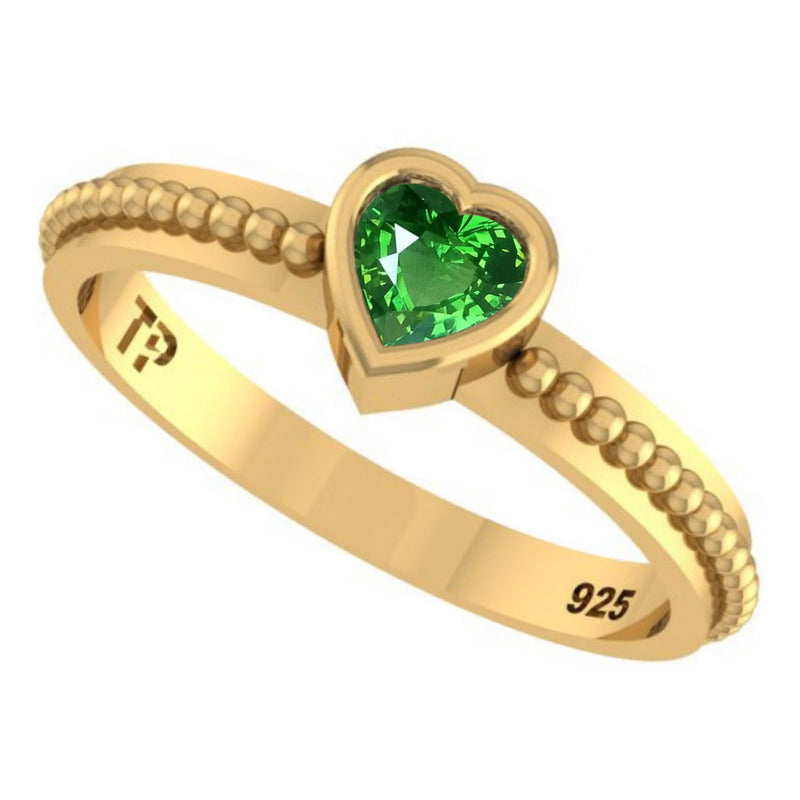 Anel Prata 925 Dourada 18k Solitário Coração - Esmeralda