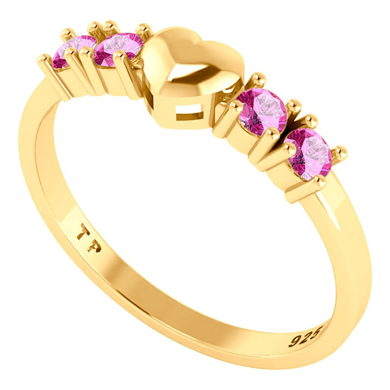 Anel Coração Sólido Prata 925 Dourada 18k - Zircônias Rosa