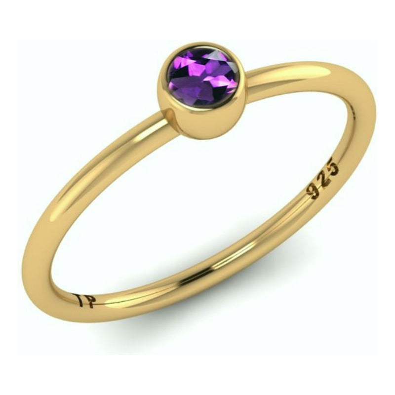 Anel Solitário Ametista Redonda - Prata 925 Dourada Ouro 18k