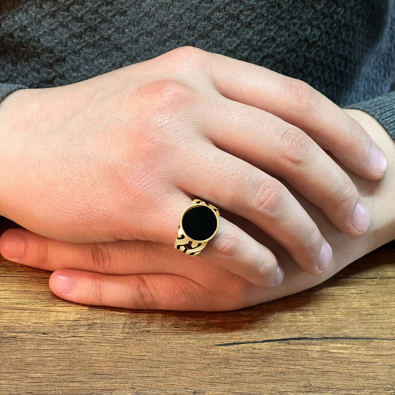 Anel Elos Redondo Prata 925 Dourada Ouro 18k - Black Onix